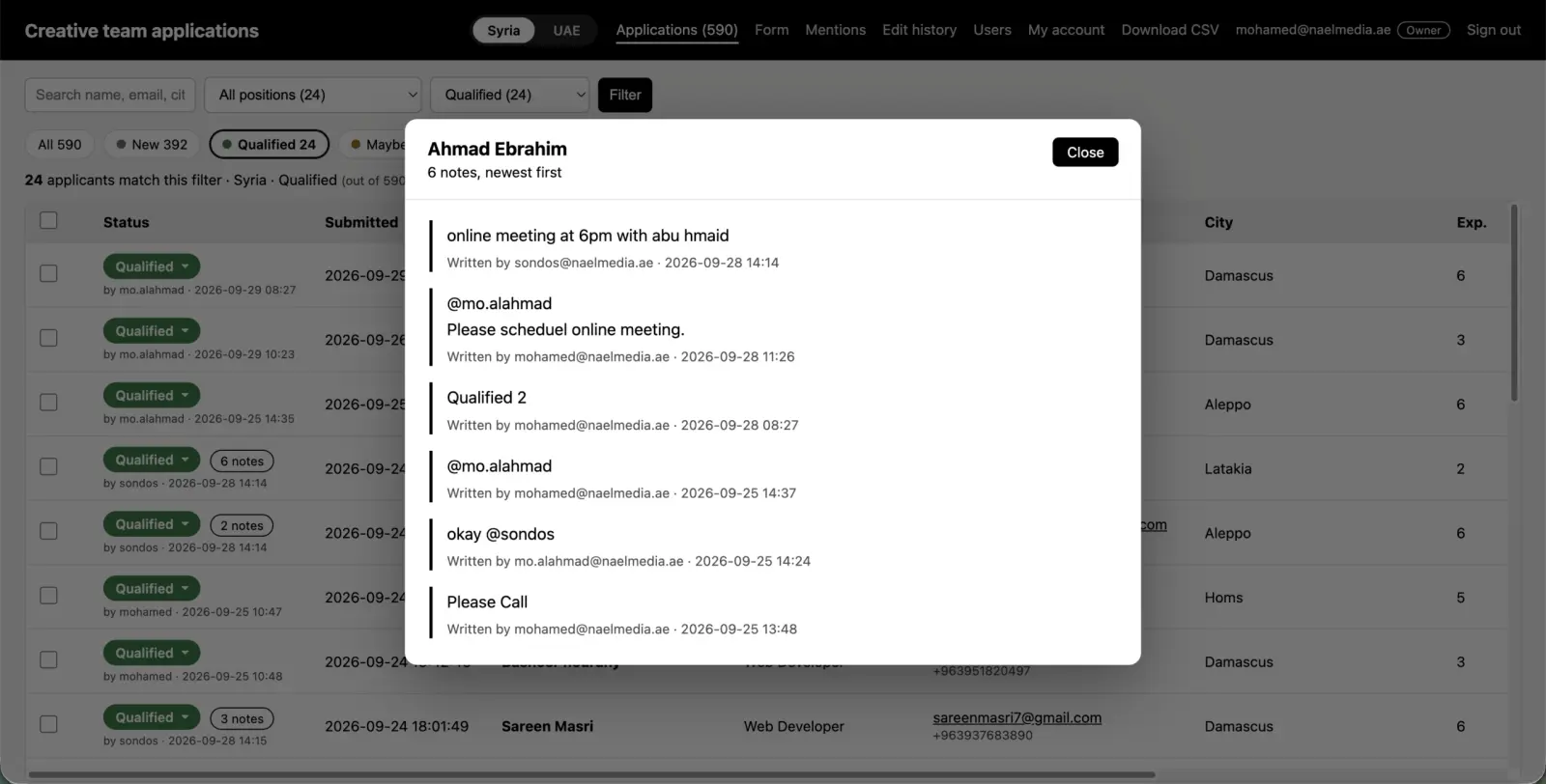 Hiring System — applicants dashboard